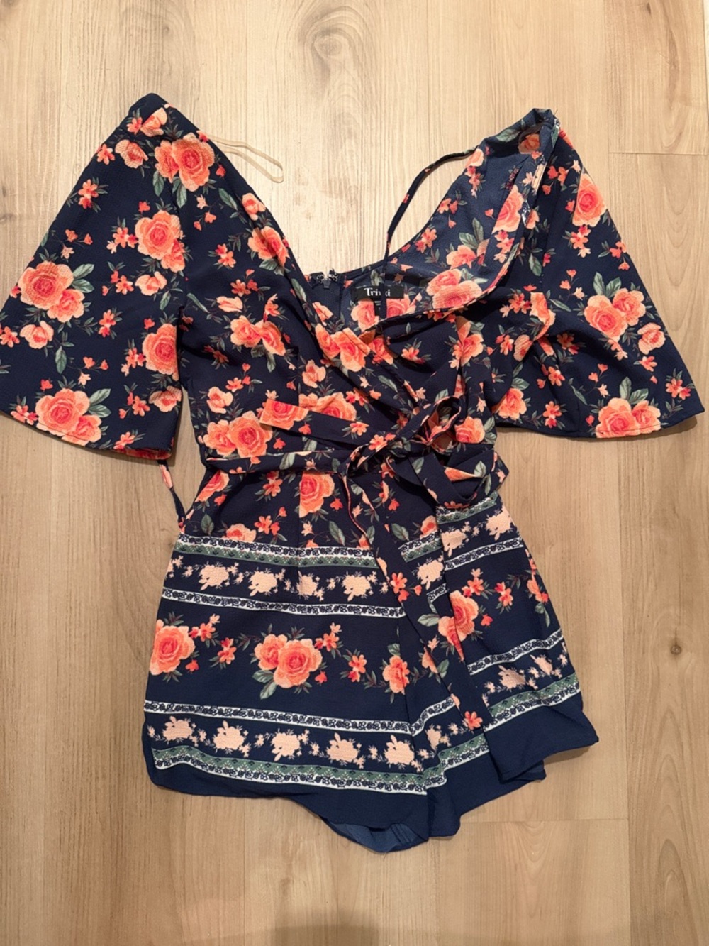 Trixxi Navy Floral Wrap Romper with Coral Roses